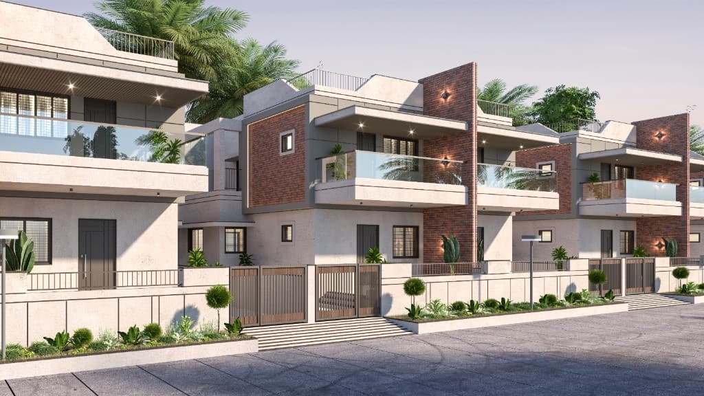 Contemporary townhouse elevation representing approved building plans by DOWEL INFRA