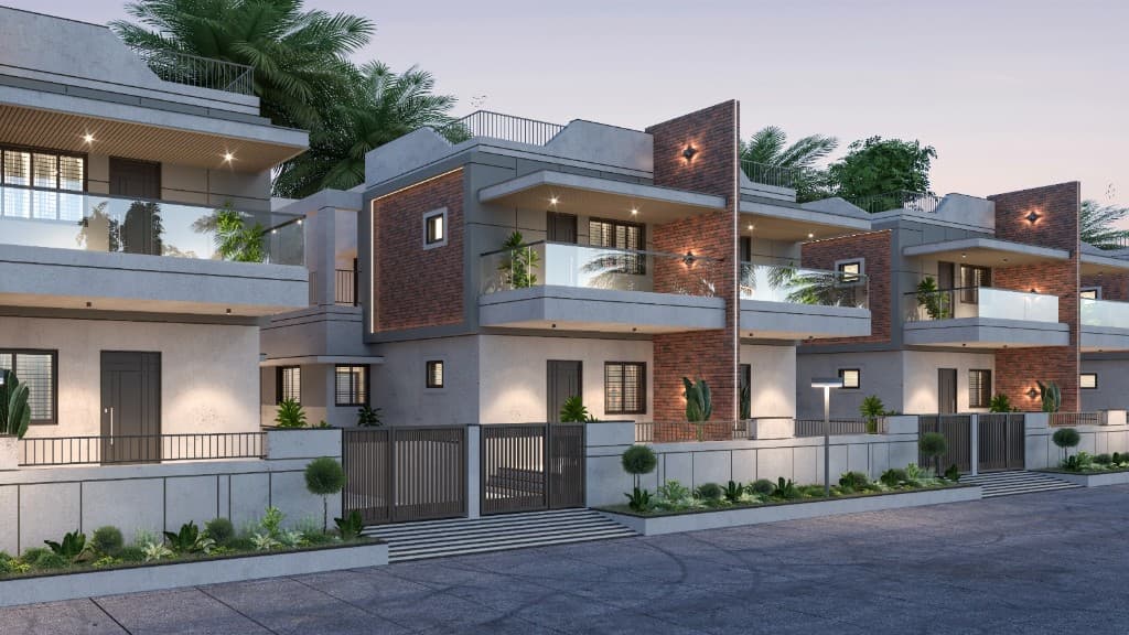 Premium residential duplex development at dusk, turnkey project by DOWEL INFRA